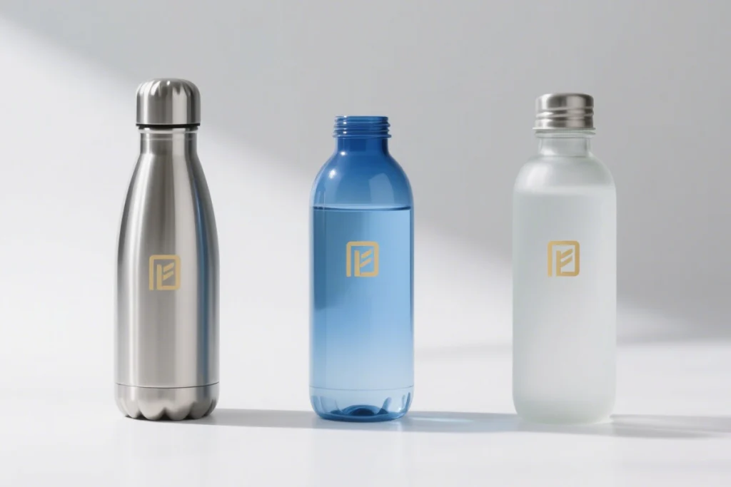 Three different materials of water bottles with the same logo